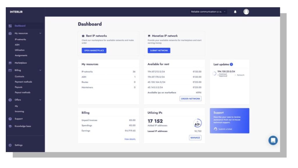 Interlir ip rent dashboard