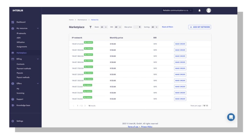 Interlir ip rent dashboard